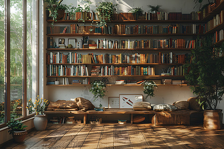 绿植素材房间客厅里的书架背景