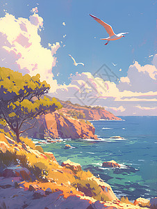 大象岩石海滩海岸上的海鸥插画