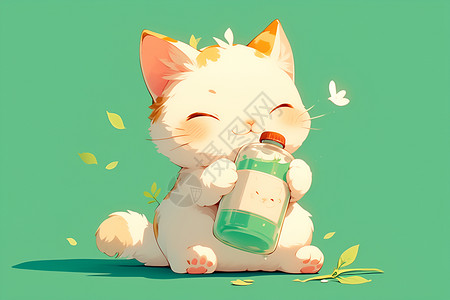 白猫喝水朴实可爱的白猫插画