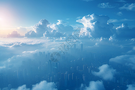 俯瞰云层薄雾下的城市插画