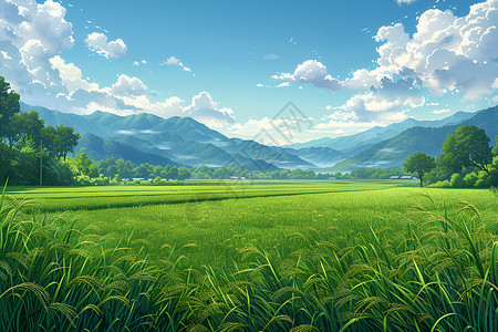 农业风光宁静夏日的稻田美景插画