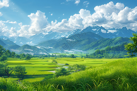 农业风光美丽的稻田风景插画