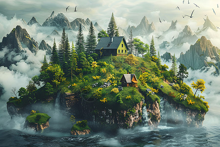 森林社区山脉上的房屋插画
