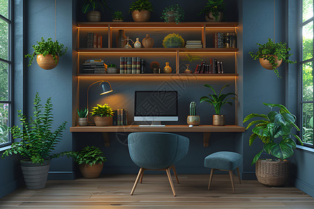 电脑植物现代家庭办公室背景