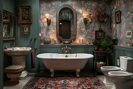 复古浴室的浴缸背景图片
