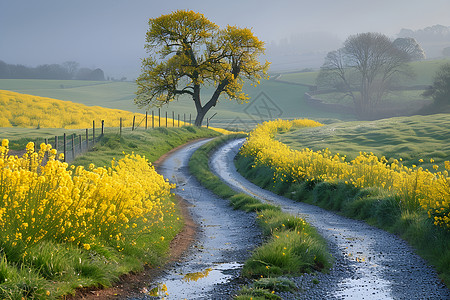 田野道路迷人春日油菜花背景