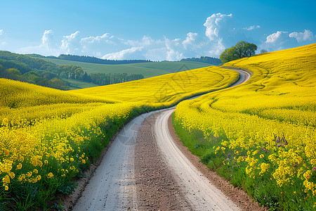 田野道路田园小路与黄色花海背景