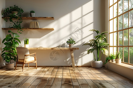 种盆栽房屋内的书桌和盆栽背景