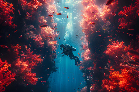 巴厘岛潜水海底的潜水员插画