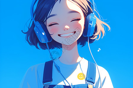 戴耳机女孩戴耳机听音乐的女孩插画