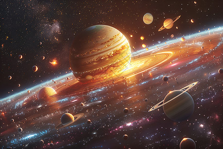 梦幻科技背景展示的奇观太阳系插画