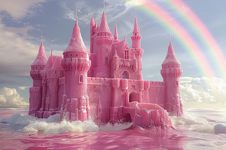 挖沙子彩虹下的城堡插画