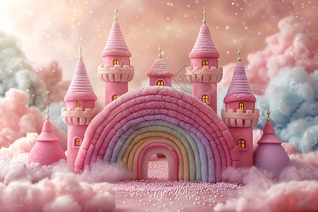 彩虹模型素材彩虹后的城堡插画