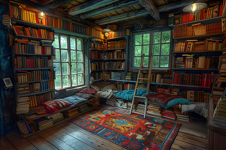 房间里的木质书架背景图片