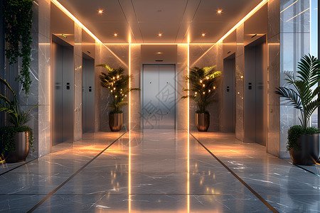 莲花窗户灯光现代简约电梯大厅背景