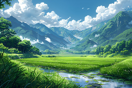 稻谷绿色山脉中的田地插画