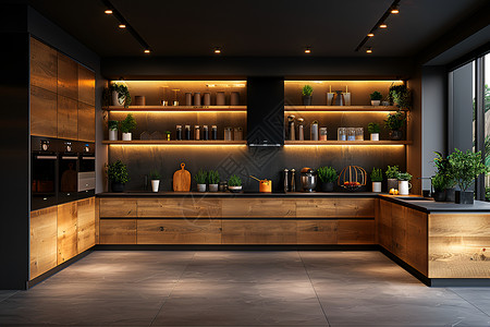 木质厨房木质橱柜展示背景