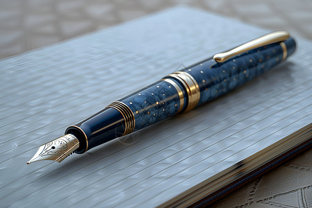蓝色钢笔墨水笔与笔记本背景