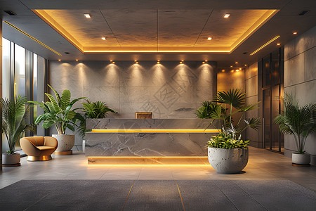 手绘盆栽绿植舒适与宽敞的现代办公大厅背景