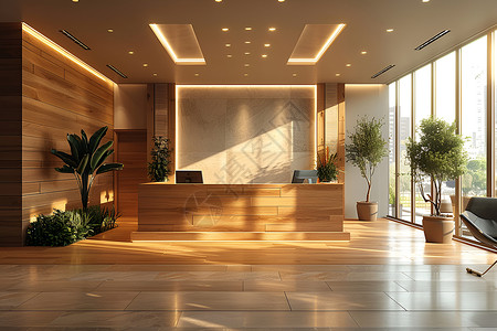 阳光走廊阳光洒进木质办公大厅背景