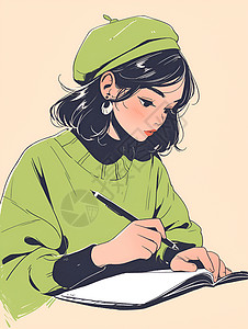 手持笔记本女孩在本子上书写插画