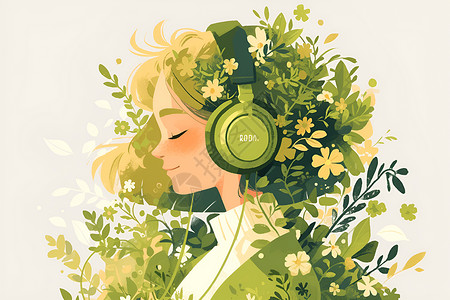 耳机通话女子戴着耳机周围环绕着花朵插画