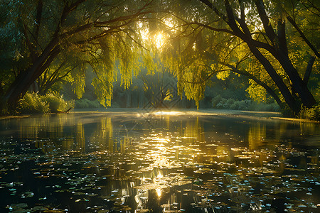 柳树掩映下的池塘背景图片
