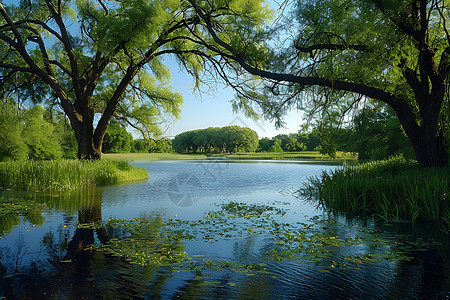 柳树环绕的池塘背景图片