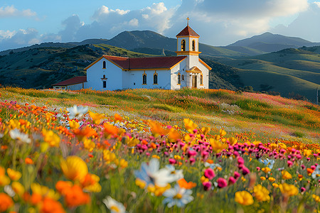 草地插画野花环绕的教堂背景