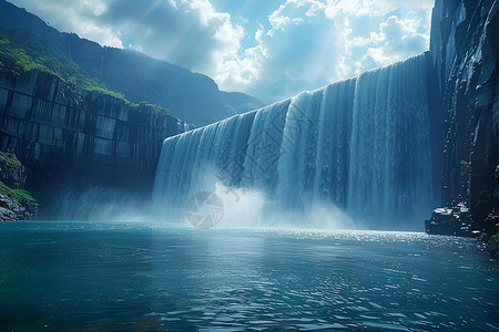 水电开槽水电大坝上的瀑布背景