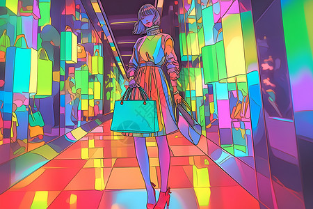 女性在商场购物购物女人走在彩虹商场插画