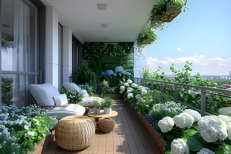 美丽花盆阳台上美丽的绣球花背景