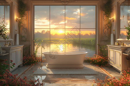 背景浴室落地窗的浴室设计图片