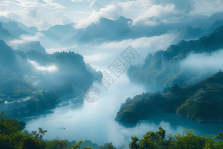 湖北长江壮丽的长江三峡景色插画
