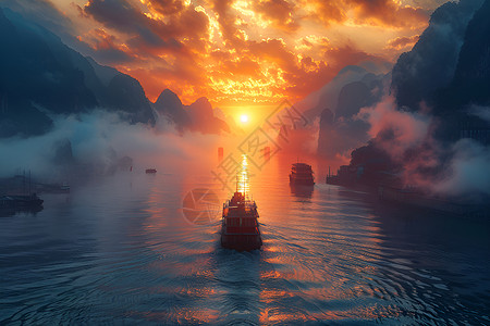 长江三峡旅游长江三峡行驶的船只插画