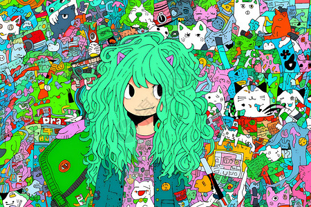 肮脏绿色墙壁绿色头发的女孩插画