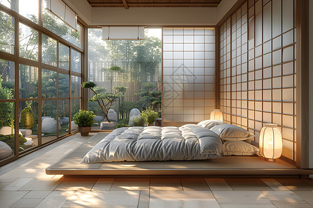 豪华的卧室窗户大绿植高清图片