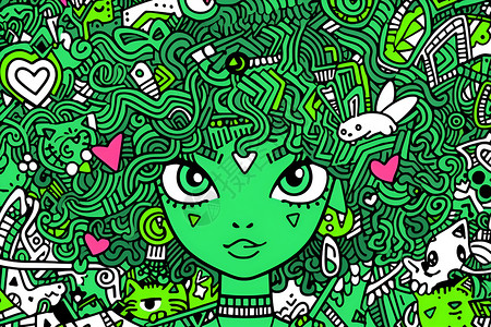 榴莲卷女孩绿色的浓密卷插画