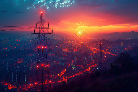 电信电缆日落时的城市与电信塔插画
