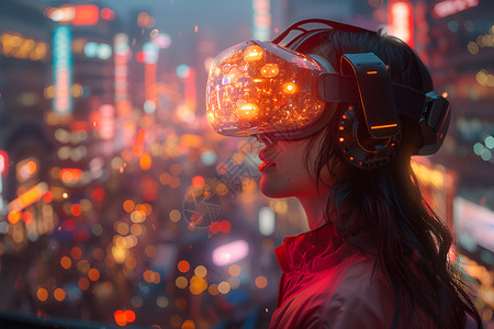 女性夜晚穿戴VR头盔的女子设计图片