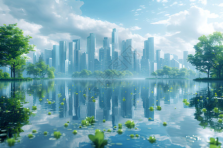 湖畔的智慧城市背景图片