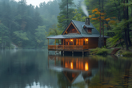 湖边森林湖边小屋背景