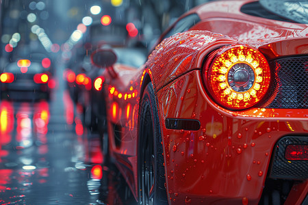暴雨汽车暴雨中的红色赛车设计图片