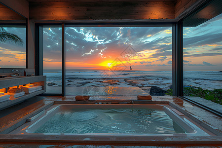 浴室外的海景背景图片