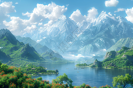 湖北长江山脉下的壮丽景色插画