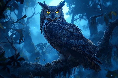 神秘森林夜晚的猫头鹰插画
