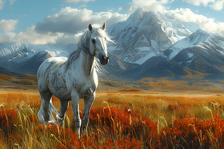 放牧的动物奔跑的白马插画
