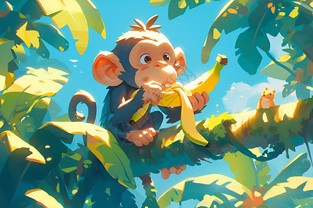 猴子在树枝上吃香蕉高清图片