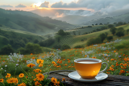 在茶盘上杯子一杯茶在花海中背景