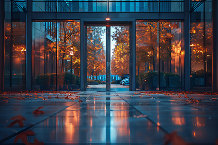 秋天窗户巨大玻璃建筑背景